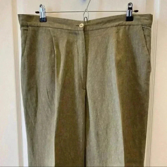 Vintage Linen Trousers High Rise Relaxed Fit Pleated Pants Olive Green Size 14 - Picture 6 of 15